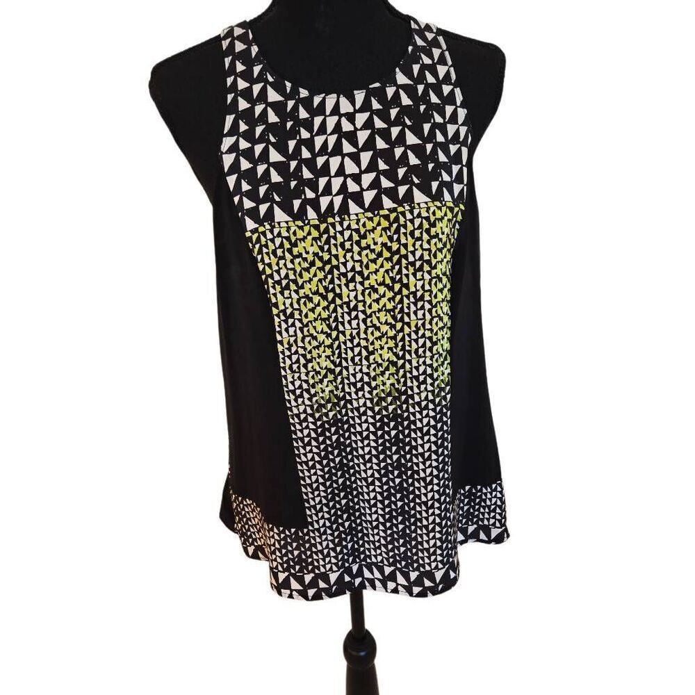 Charlie Jade Women's Geometric Shape Silk Tank Blouse Black White Green Large
